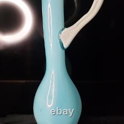 Vintage MCM Art Glass Swung Glass Pitcher Stretch Vase White Light Blue 22 ooak