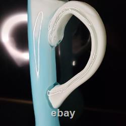 Vintage MCM Art Glass Swung Glass Pitcher Stretch Vase White Light Blue 22 ooak