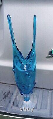 Vintage MCM Bischoff Pinched Glass Blue Swung Vase 2 Prong Finger 15