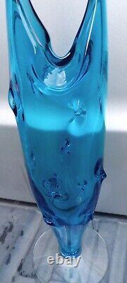 Vintage MCM Bischoff Pinched Glass Blue Swung Vase 2 Prong Finger 15