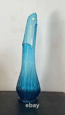 Vintage MCM Blue 24 Inch Swung Glass Vase By Fayette With Original Label