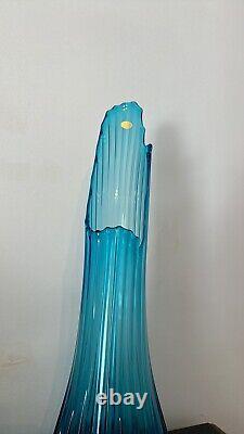 Vintage MCM Blue 24 Inch Swung Glass Vase By Fayette With Original Label