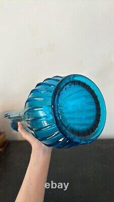 Vintage MCM Blue 24 Inch Swung Glass Vase By Fayette With Original Label