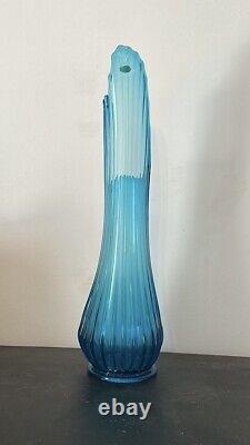 Vintage MCM Blue 24 Inch Swung Glass Vase By Fayette With Original Label