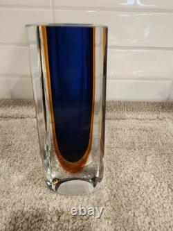 Vintage MCM Faceted Murano Glass Sommerso Art Glass Vase Flavio Poli Blue Orange