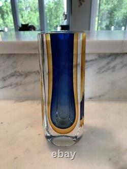 Vintage MCM Faceted Murano Glass Sommerso Art Glass Vase Flavio Poli Blue Orange