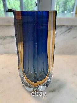 Vintage MCM Faceted Murano Glass Sommerso Art Glass Vase Flavio Poli Blue Orange