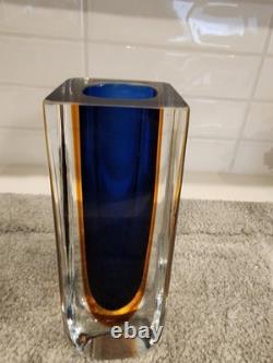 Vintage MCM Faceted Murano Glass Sommerso Art Glass Vase Flavio Poli Blue Orange