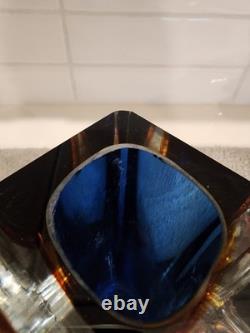 Vintage MCM Faceted Murano Glass Sommerso Art Glass Vase Flavio Poli Blue Orange