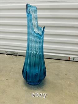 Vintage MCM LE Smith Swung Vase Simplicity Blue Ribbed Glass 18.25 Inches