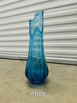Vintage MCM LE Smith Swung Vase Simplicity Blue Ribbed Glass 18.25 Inches