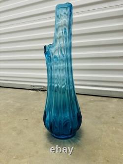 Vintage MCM LE Smith Swung Vase Simplicity Blue Ribbed Glass 18.25 Inches