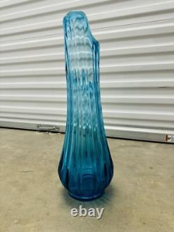 Vintage MCM LE Smith Swung Vase Simplicity Blue Ribbed Glass 18.25 Inches
