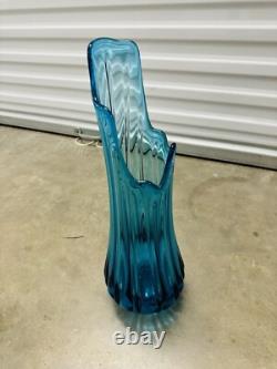 Vintage MCM LE Smith Swung Vase Simplicity Blue Ribbed Glass 18.25 Inches