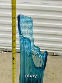 Vintage MCM LE Smith Swung Vase Simplicity Blue Ribbed Glass 18.25 Inches