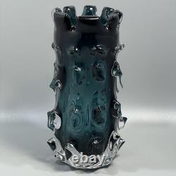 Vintage MCM Lazy Susan Thorn Art Glass Brutalist Teal Vase Heavy 8.75 Tall