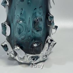 Vintage MCM Lazy Susan Thorn Art Glass Brutalist Teal Vase Heavy 8.75 Tall