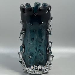 Vintage MCM Lazy Susan Thorn Art Glass Brutalist Teal Vase Heavy 8.75 Tall