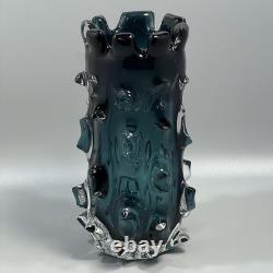 Vintage MCM Lazy Susan Thorn Art Glass Brutalist Teal Vase Heavy 8.75 Tall