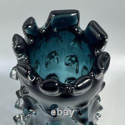 Vintage MCM Lazy Susan Thorn Art Glass Brutalist Teal Vase Heavy 8.75 Tall