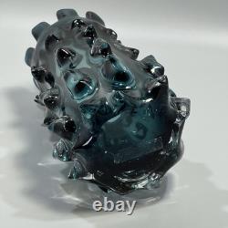 Vintage MCM Lazy Susan Thorn Art Glass Brutalist Teal Vase Heavy 8.75 Tall