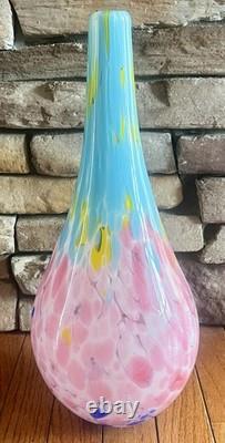 Vintage MCM Pink & Blue Hand-Blown Mottled Murano Solifleur Art Glass Vase