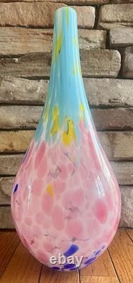 Vintage MCM Pink & Blue Hand-Blown Mottled Murano Solifleur Art Glass Vase
