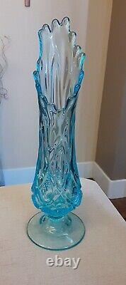 Vintage MCM Style Viking Glass Stretch Patterned Icy Blue Vase GORGEOUS