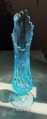 Vintage MCM Style Viking Glass Stretch Patterned Icy Blue Vase GORGEOUS