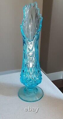 Vintage MCM Style Viking Glass Stretch Patterned Icy Blue Vase GORGEOUS
