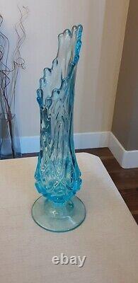 Vintage MCM Style Viking Glass Stretch Patterned Icy Blue Vase GORGEOUS