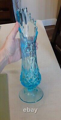 Vintage MCM Style Viking Glass Stretch Patterned Icy Blue Vase GORGEOUS