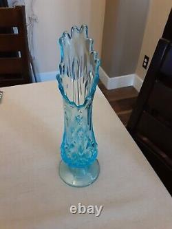 Vintage MCM Style Viking Glass Stretch Patterned Icy Blue Vase GORGEOUS