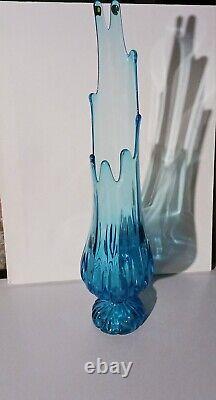 Vintage Mcm Blue Glass Vase 20 Ribbed Pedestal See Description