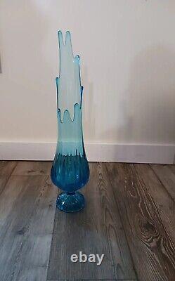 Vintage Mcm Blue Glass Vase 20 Ribbed Pedestal See Description