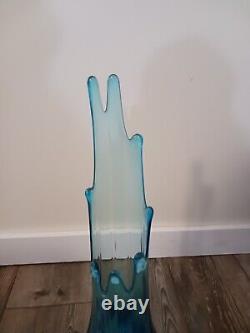 Vintage Mcm Blue Glass Vase 20 Ribbed Pedestal See Description