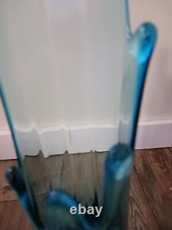 Vintage Mcm Blue Glass Vase 20 Ribbed Pedestal See Description