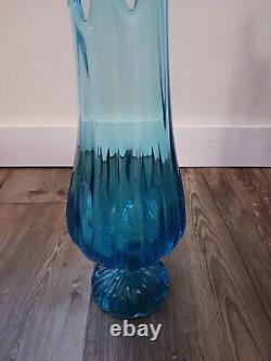 Vintage Mcm Blue Glass Vase 20 Ribbed Pedestal See Description