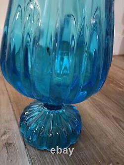 Vintage Mcm Blue Glass Vase 20 Ribbed Pedestal See Description