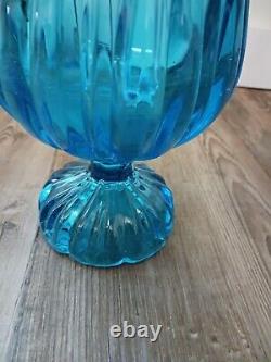 Vintage Mcm Blue Glass Vase 20 Ribbed Pedestal See Description