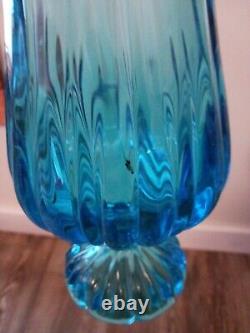 Vintage Mcm Blue Glass Vase 20 Ribbed Pedestal See Description