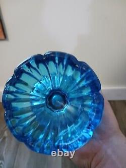 Vintage Mcm Blue Glass Vase 20 Ribbed Pedestal See Description