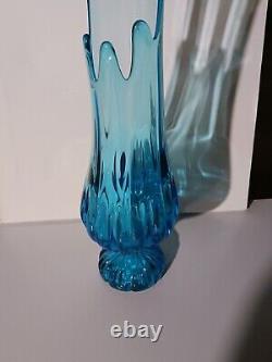 Vintage Mcm Blue Glass Vase 20 Ribbed Pedestal See Description