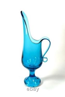 Vintage Mid Century LE Smith Blue Glass Vase With Handle Spout