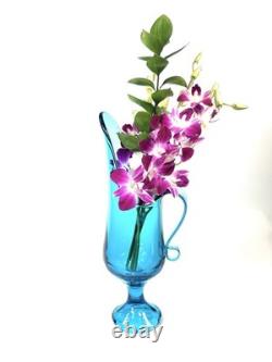 Vintage Mid Century LE Smith Blue Glass Vase With Handle Spout