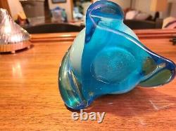 Vintage Mid Century Modern Blue Italian Slung Glass Vase 20