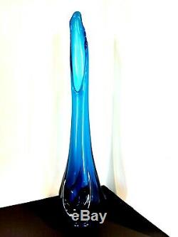 Vintage Mid Century Modern VIKING Stretch teal blue Art Glass Swung Vase 19.25