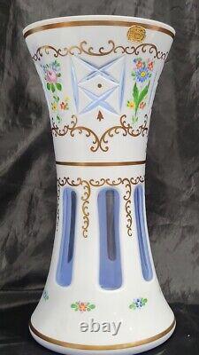 Vintage Moser Bohemian Czech Vase Bohemian White Overlay Blue Glass Floral Panel