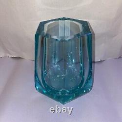 Vintage Moser Light Blue Aqua Crystal Glass Vase Signed Moser Karlovy Vary