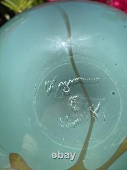 Vintage Mouth-Blown Art Glass GORGEOUS Vase Vibrant Teal & Blue, Artist Signed